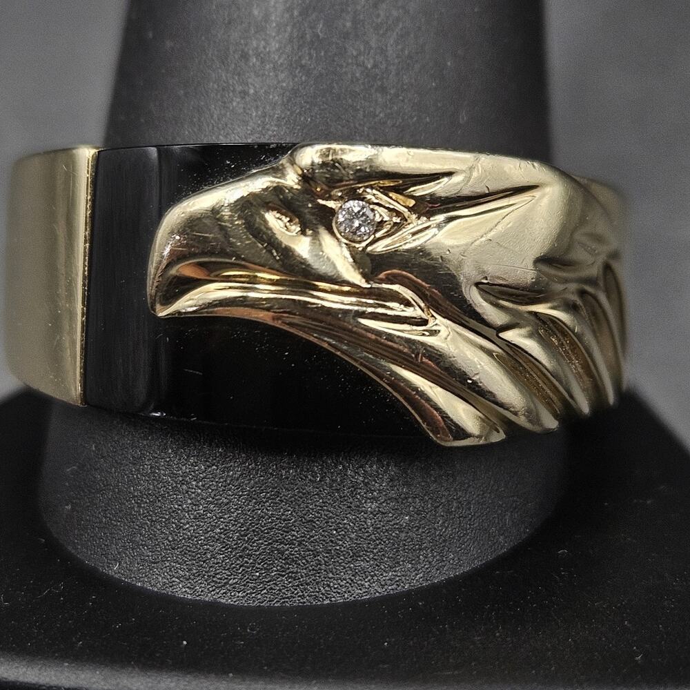 Vintage Franklin Mint 10K Gold Eagle Ring Onyx Mens Size 15 9.8g Bill Blass